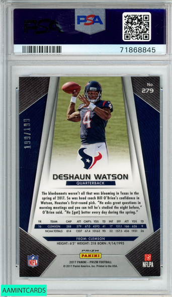 2017 PANINI PRIZM DESHAUN WATSON #279 LIGHT BLUE ROOKIE RC 199 OF 199 PSA 9 MINT 71868845